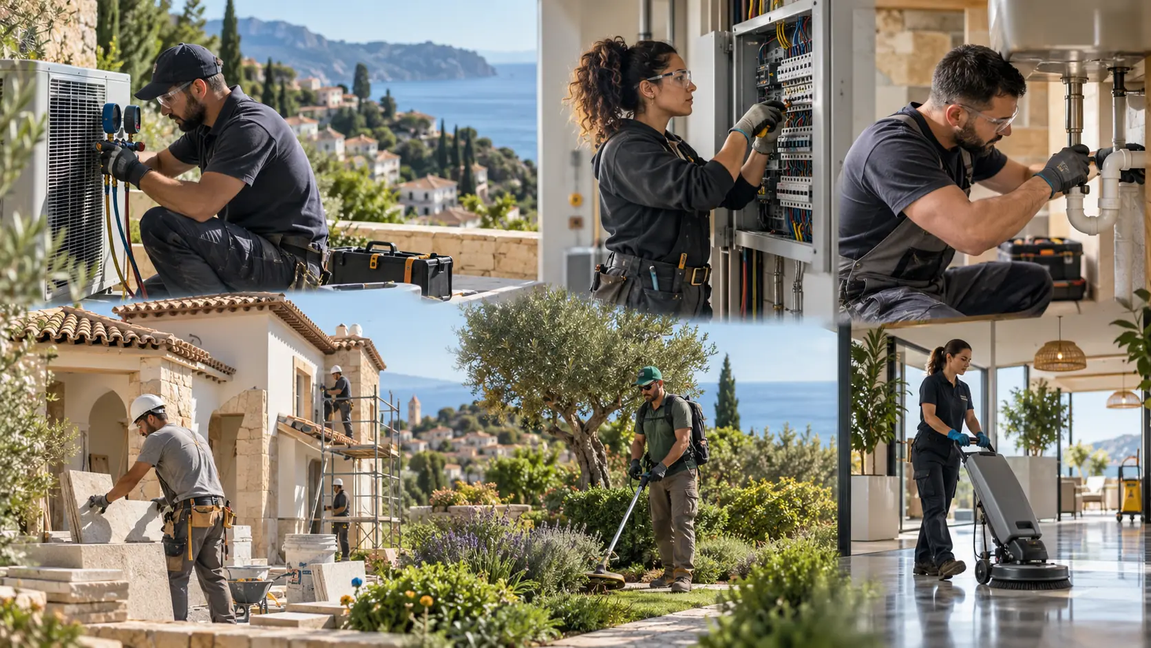 Service professionals carrying out HVAC, electrical, plumbing, construction, landscaping and cleaning work